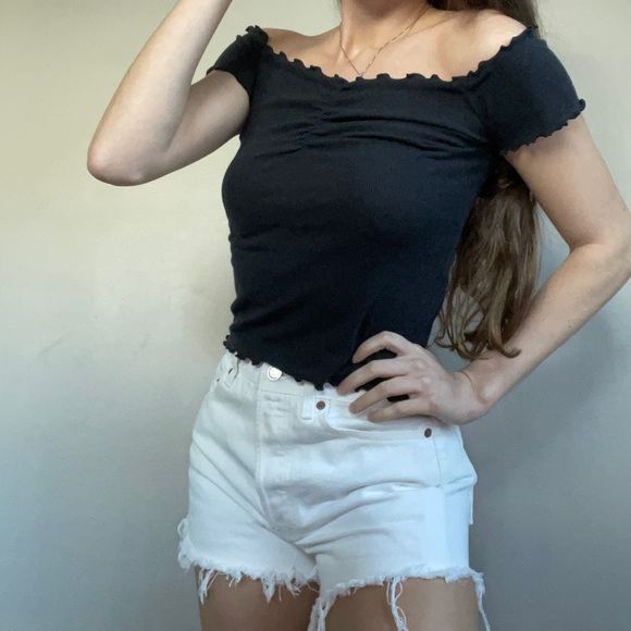 Hollister Tops - Hollister Black Off Shoulder Lettuce Hem Shirt